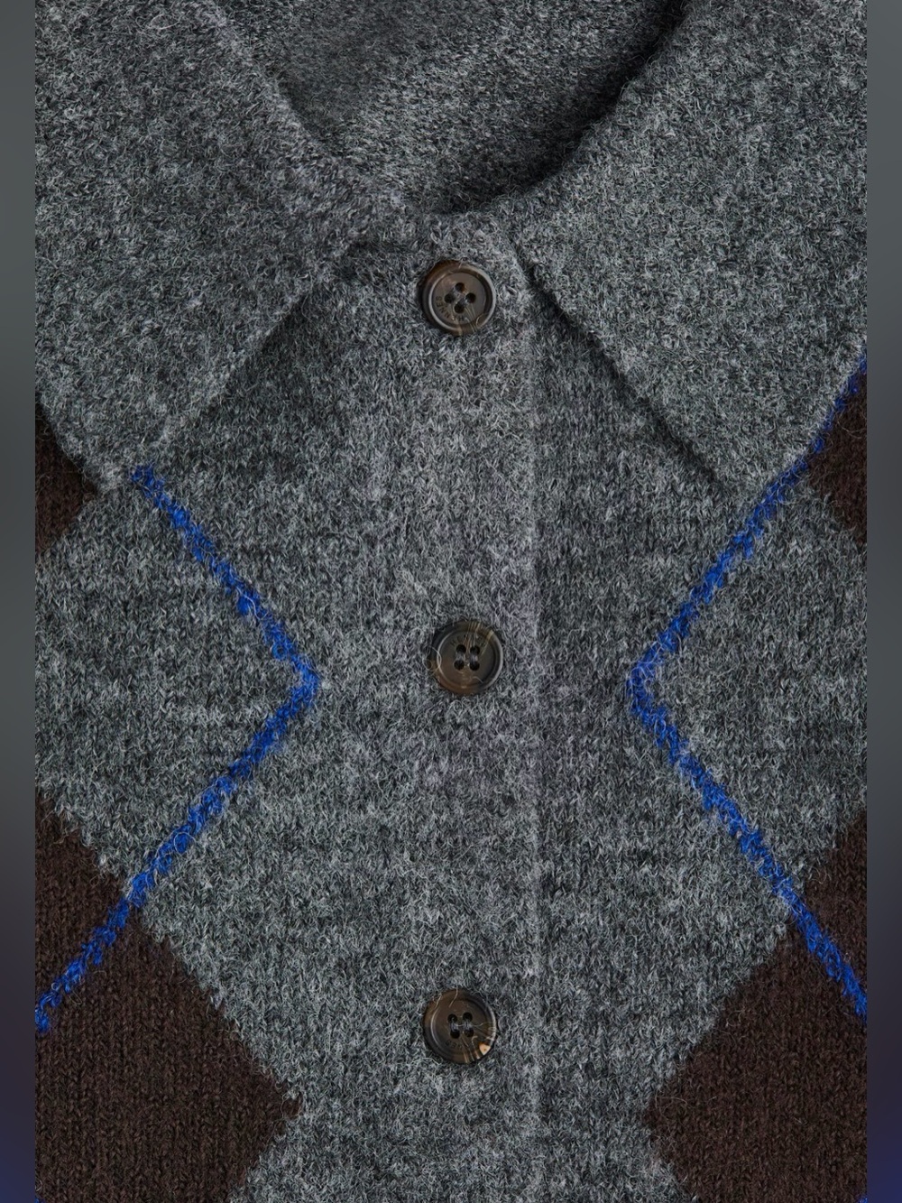 H&M Gray Argyle Button Up Collared Cardi Sweater Size XL NWT - Picture 5 of 6